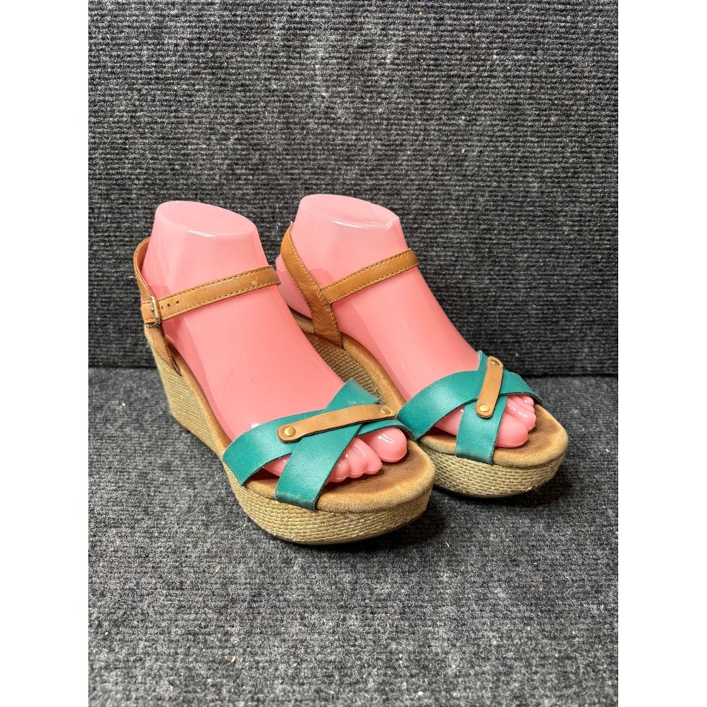 Clarks Artisan Teal Tan Leather Woven Platform Wedge Sandals Womens 7M 26066644